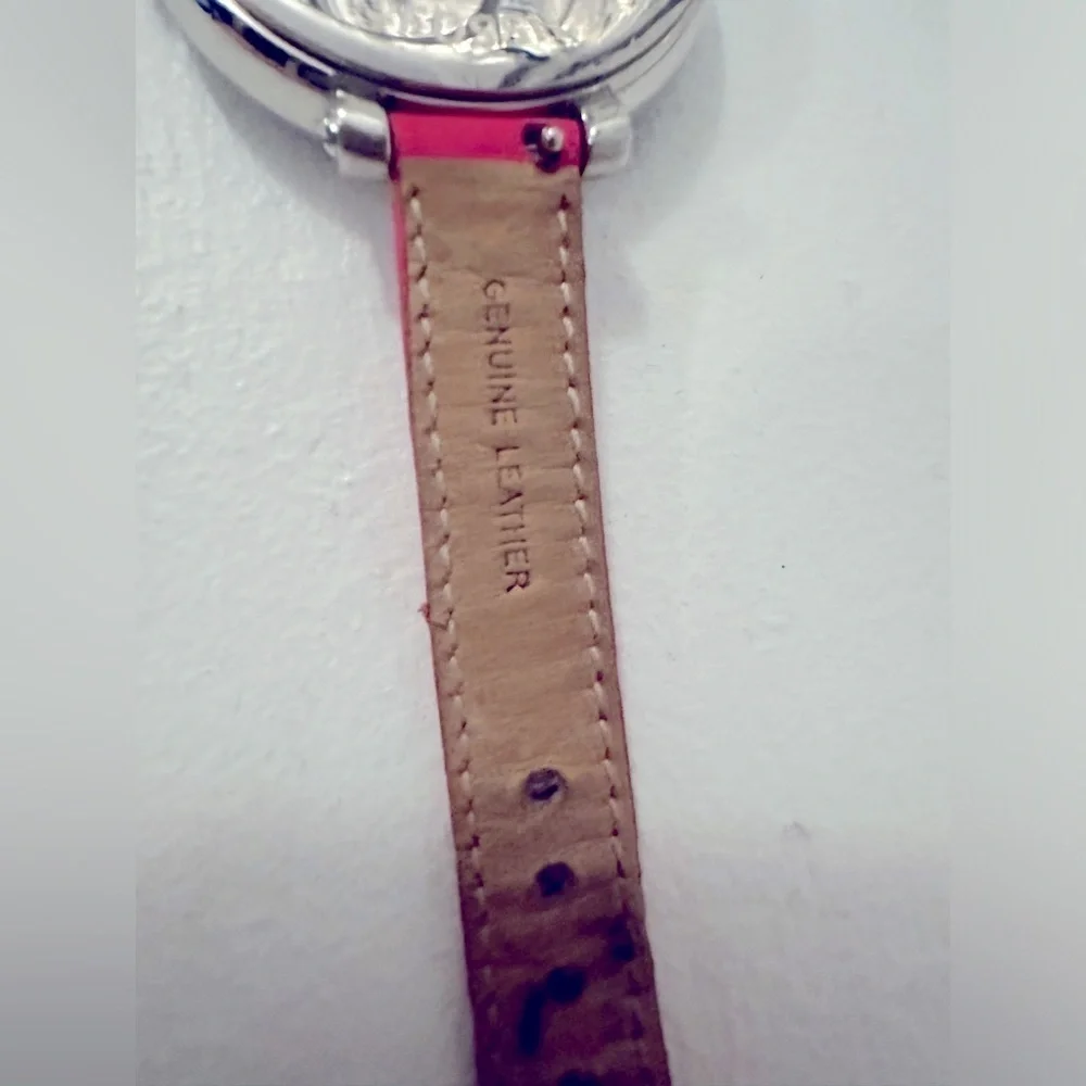 Fossil Brand Hot Pink Watch Adjustable Leather Strap Silver Watch Face Round - Picture 3 of 6
